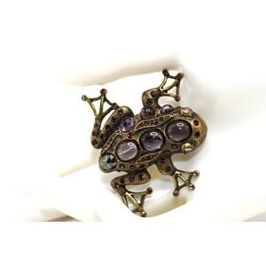 Chico's Frog Brooch Purple Cabochons Rhinestones Gold Tone Figural Pin